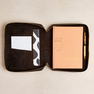 Hello Day Simply Grateful gratitude journal inside porte black faux leather zip case with gold pineapple pen
