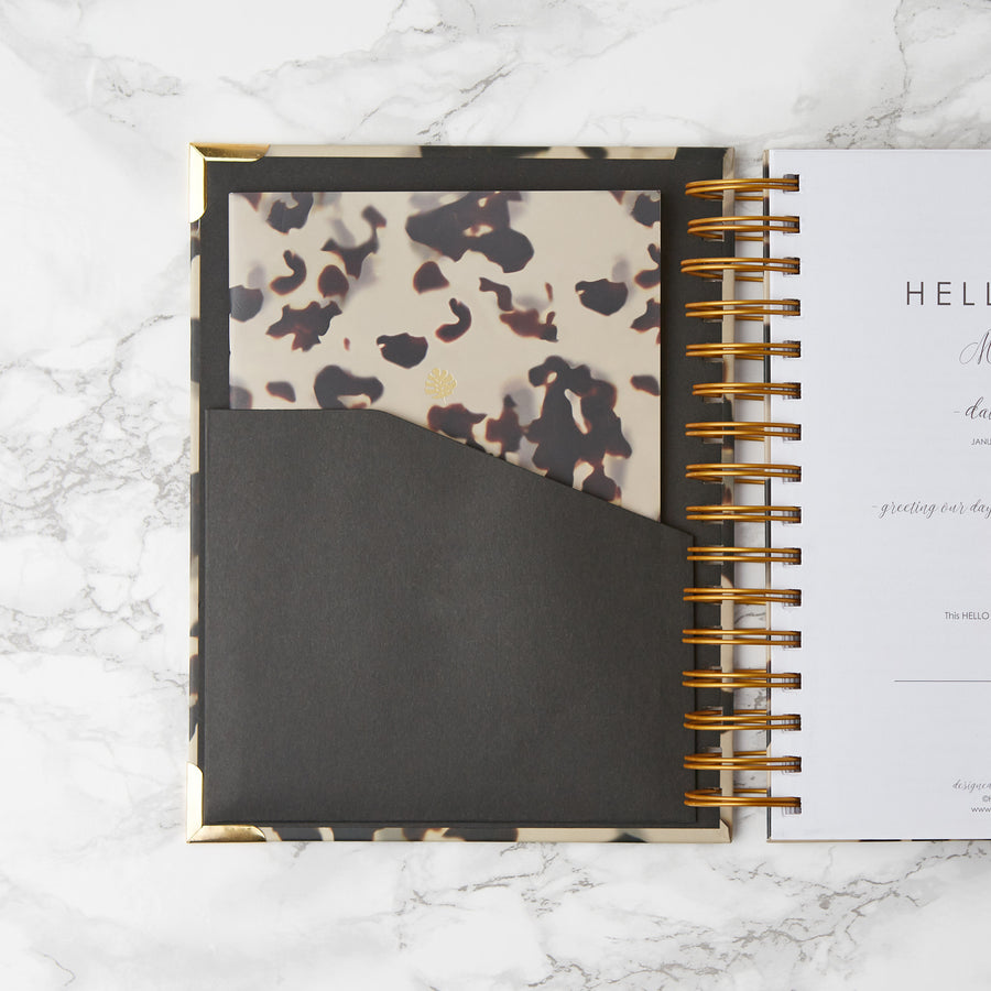 Hello Day 2024 spiral daily planner diary journal with tortoise shell design and gold foil logo