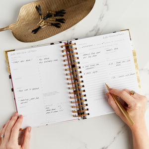 2024 Hello Day Planner Daily Spiral page layout view with hand writing with a gold pen