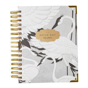 Hello Day 2024 spiral daily planner diary journal with heron design and gold foil logo