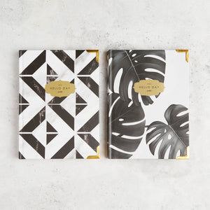 Hello Day weekly 2024 planner diaries with stems monstera leaf and tile design and gold foil logo