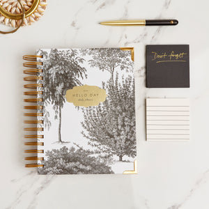 2024 spiral daily planner diary journal with gold foil Floresta with gold pen and sticky notes