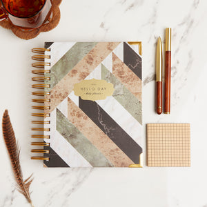 2024 spiral daily planner diary journal with gold foil Soho with gold pen and sticky notes
