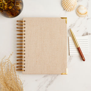 2024 spiral daily planner diary journal with gold foil Cove woven fabric with gold pen and sticky notes
