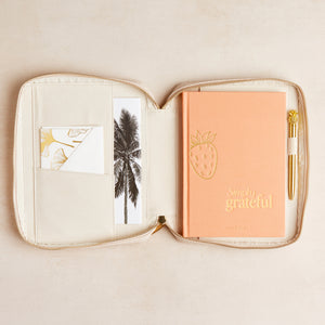 Simply Grateful gratitude journal inside porte pearl faux leather zip case with gold pineapple pen