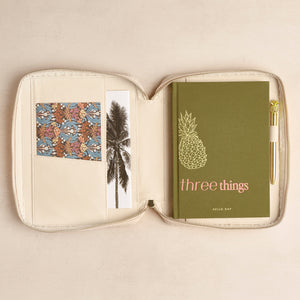 Three Things Prompt Journal inside porte pearl faux leather zip case with gold pineapple pen