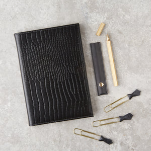 Black croc leather diary planner journal with pen and large paperclips