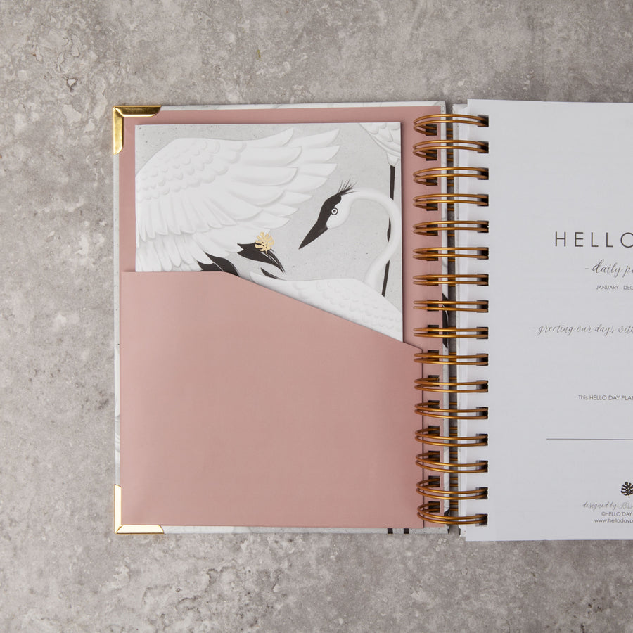 Hello Day 2024 spiral daily planner diary journal with heron design and gold foil logo