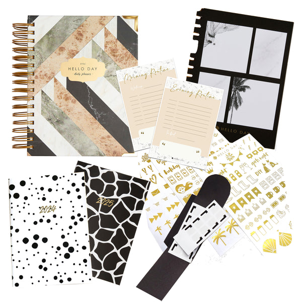 Hello Day Planner Babe Bundle with planner gold stickers calendar mini notebooks, large planner bookmark and spiral planner clips