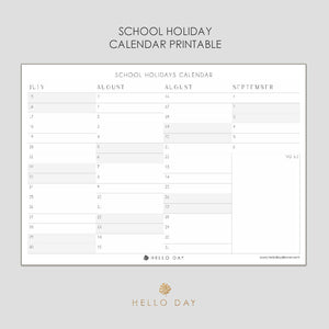 School Holidays Calendar Printable