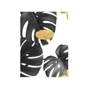 Hello Day weekly 2024 planner diary with monstera leaf design and gold foil logo
