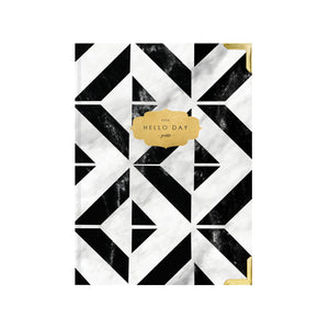 Hello Day weekly 2024 planner diary with black and white tile design and gold foil logo
