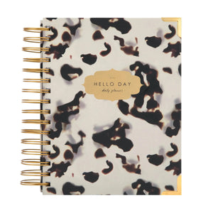 Hello Day 2024 spiral daily planner diary journal with tortoise shell design and gold foil logo