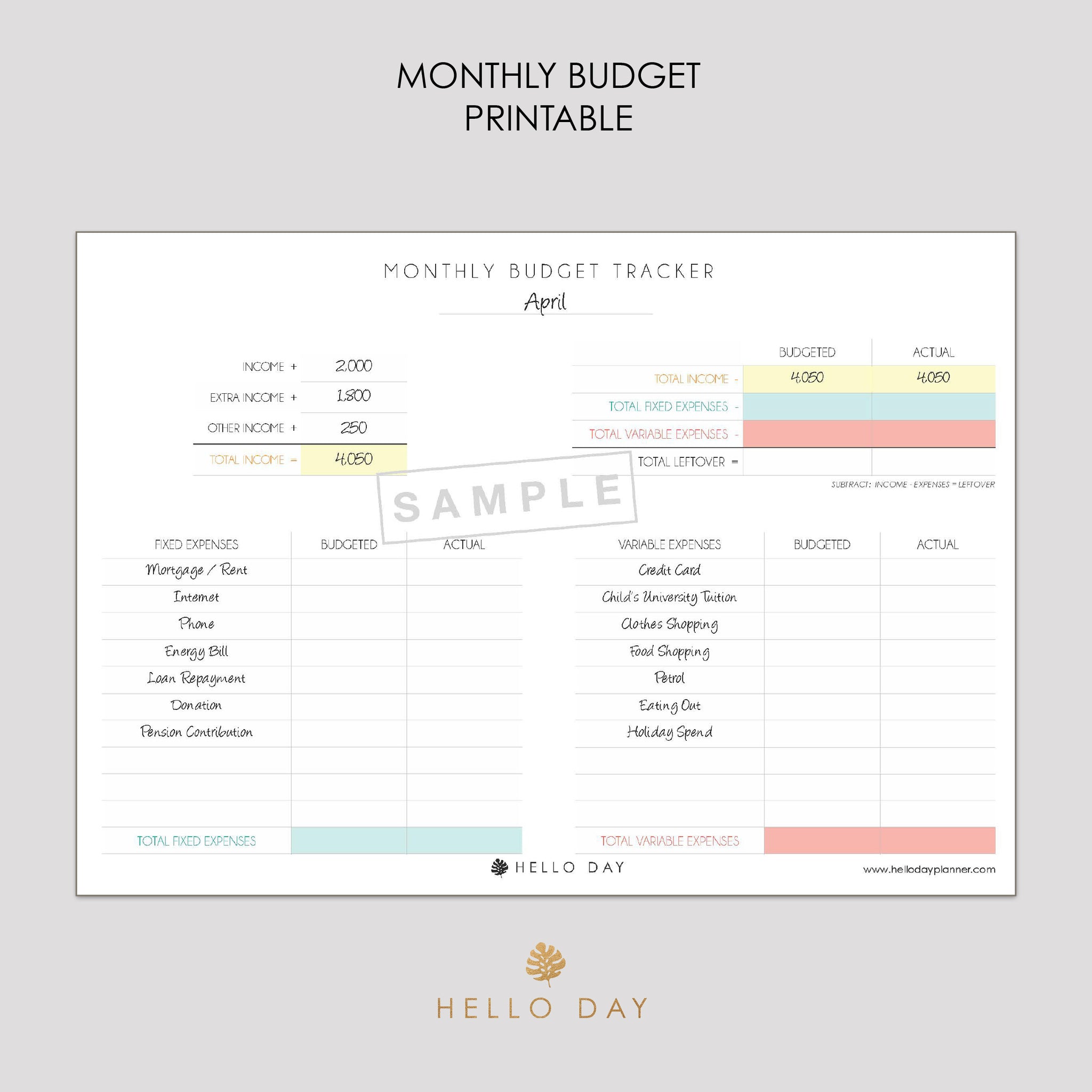 Monthly Budget Tracker Printable Hello Day
