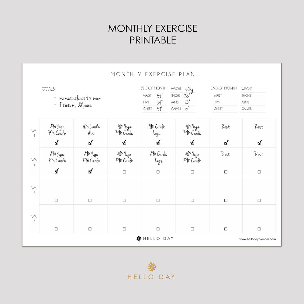 Monthly Exercise Printable - Hello Day