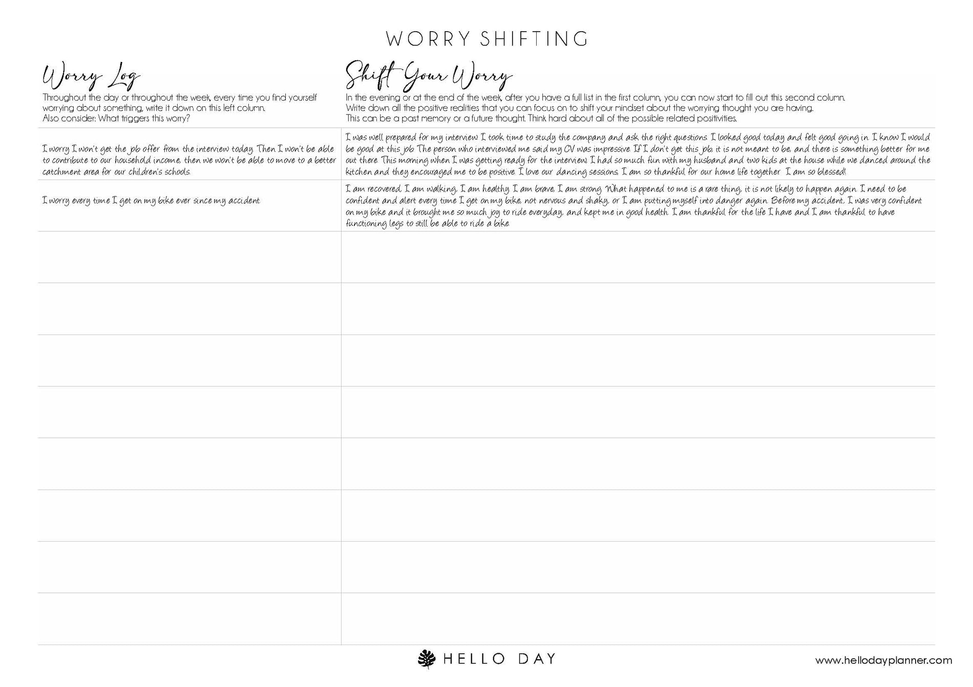 Worry Shifting Printable - Hello Day